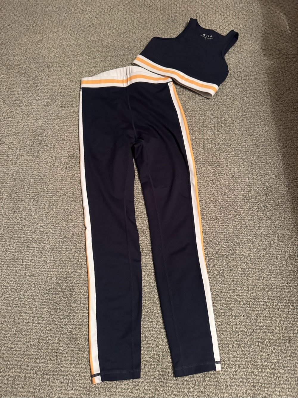 Navy High-Rise Leggings and tank with White & Yellow Side Stripes
